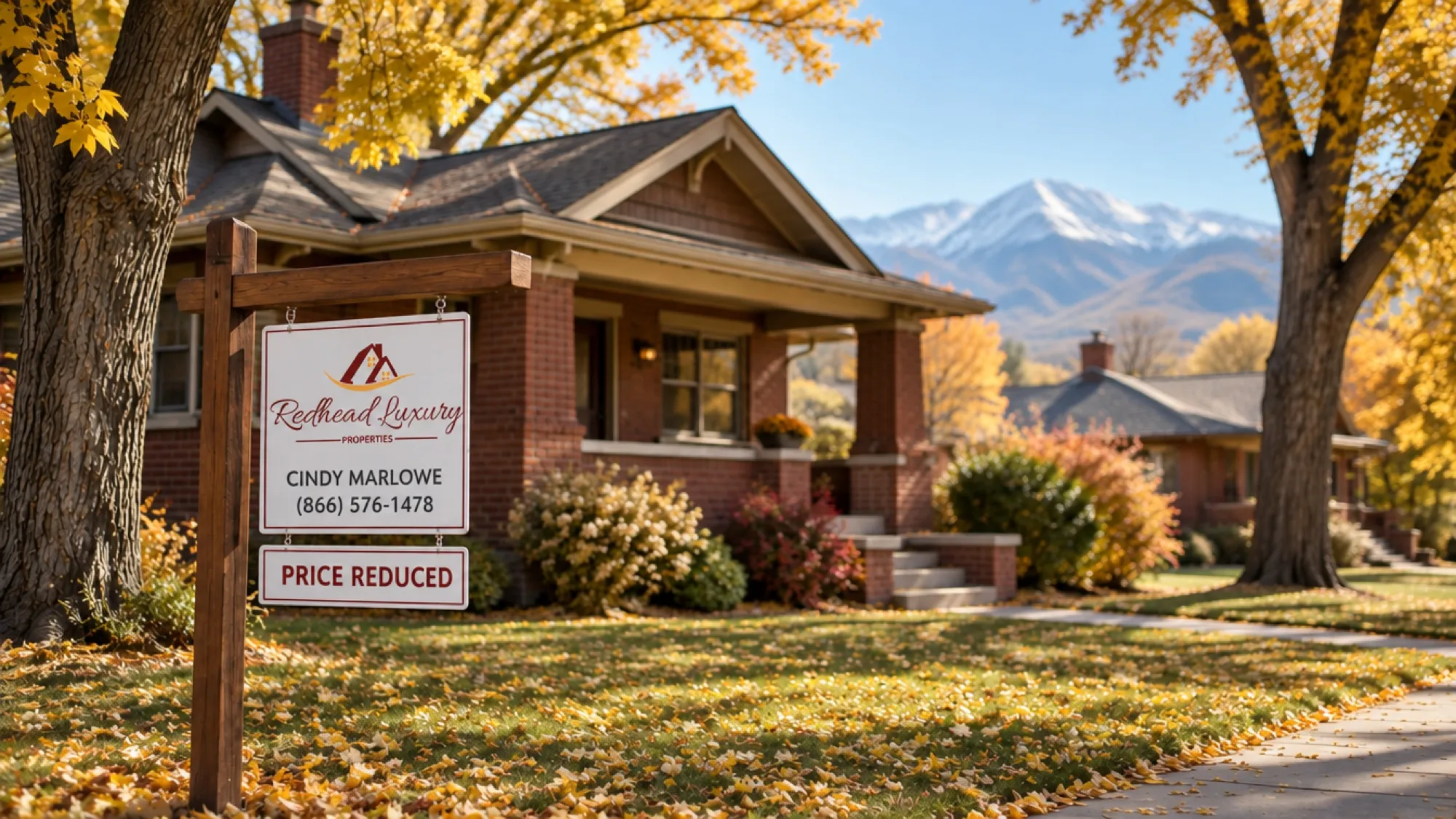 A for-sale sign in front of a brick Denver home in autumn, with a price-reduced rider, and the Front Range in the distance